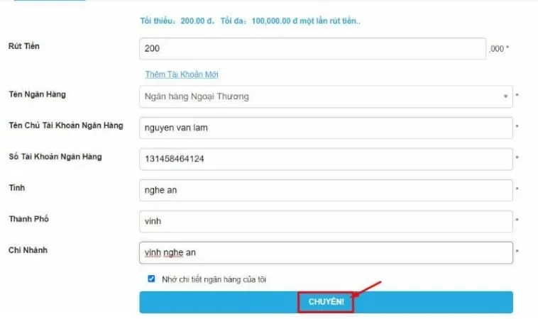 Giao diện Rút Tiền FUN88